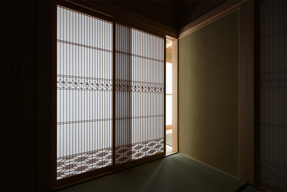 個人邸 引き戸 桐麻に二重蜀江入 木曽ひのき材 組子細工